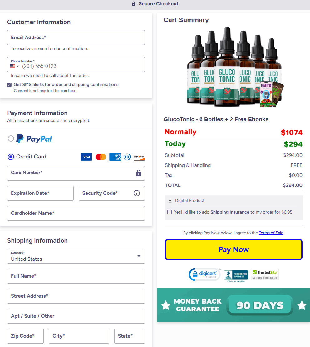 GlucoTonic Checkout page